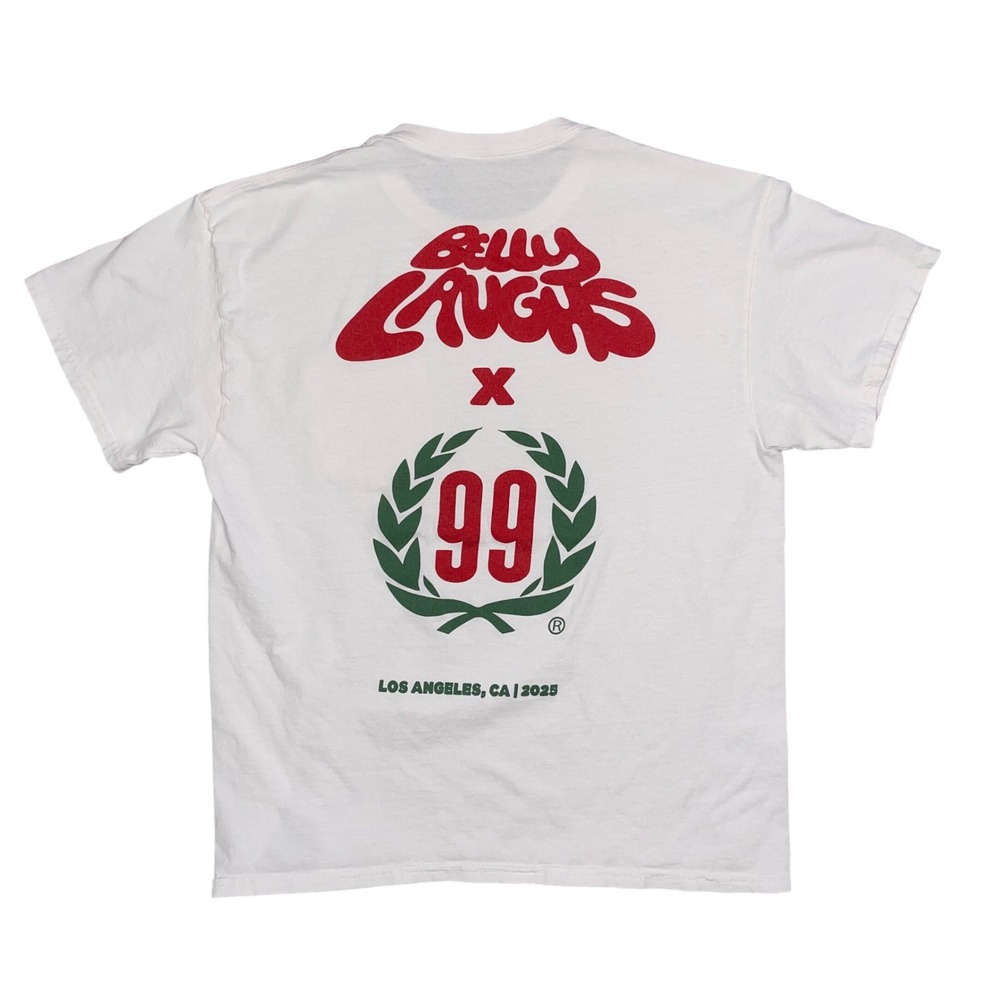 Belly Laughs x 99 Los Angeles 2025 Pocket T-Shirt White Graphic Mens L